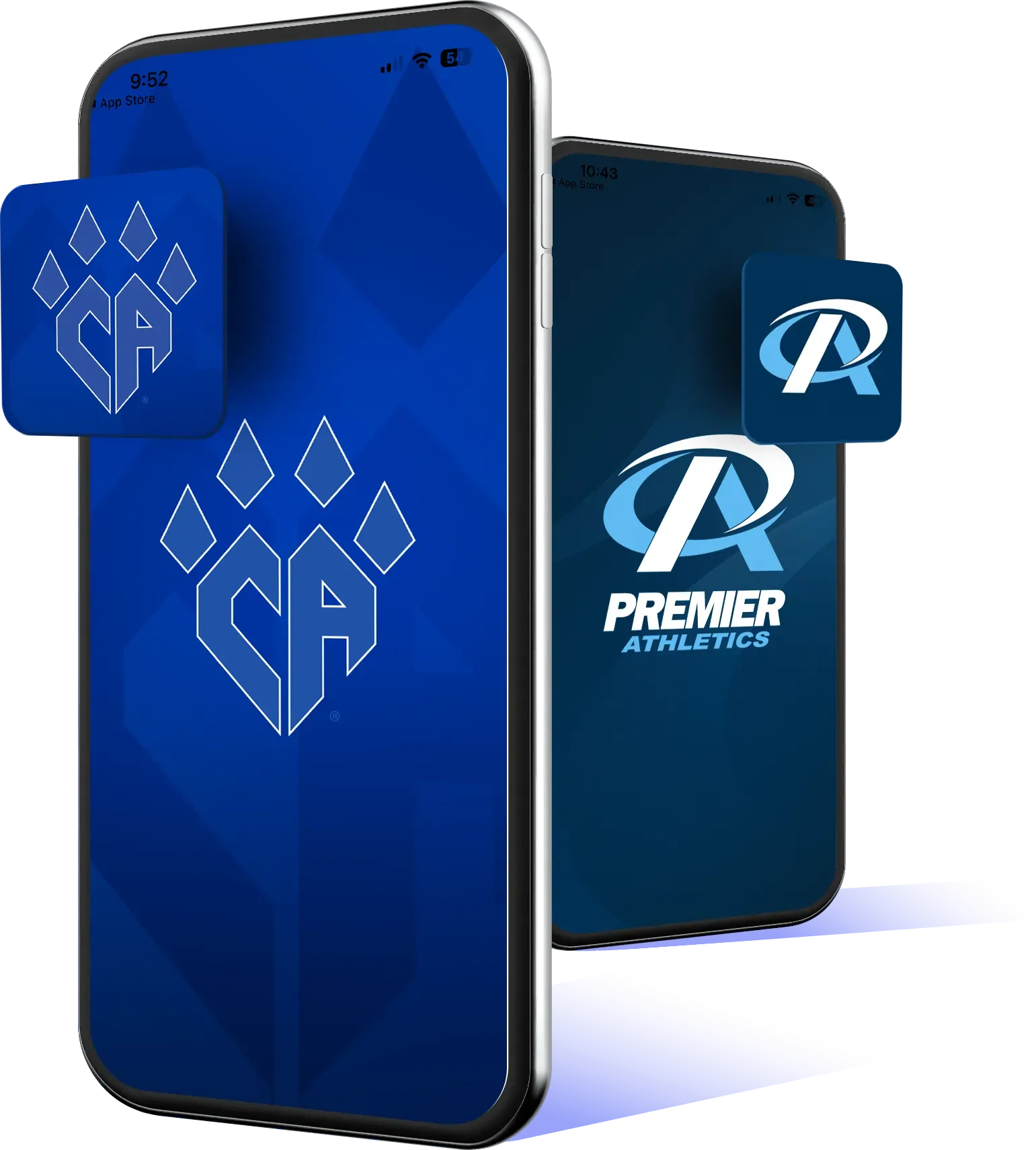 Two phones with the premier athletics logo on them.