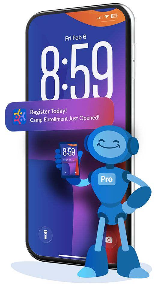 Blue robot holding a small phone