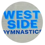 The logo for west side gymnastics is in a circle.