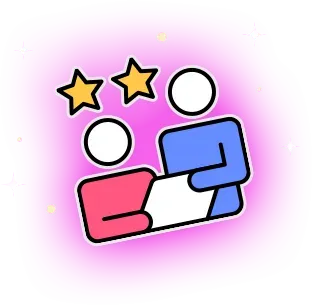 Two people, pink and blue, reviewing paperwork with stars above.