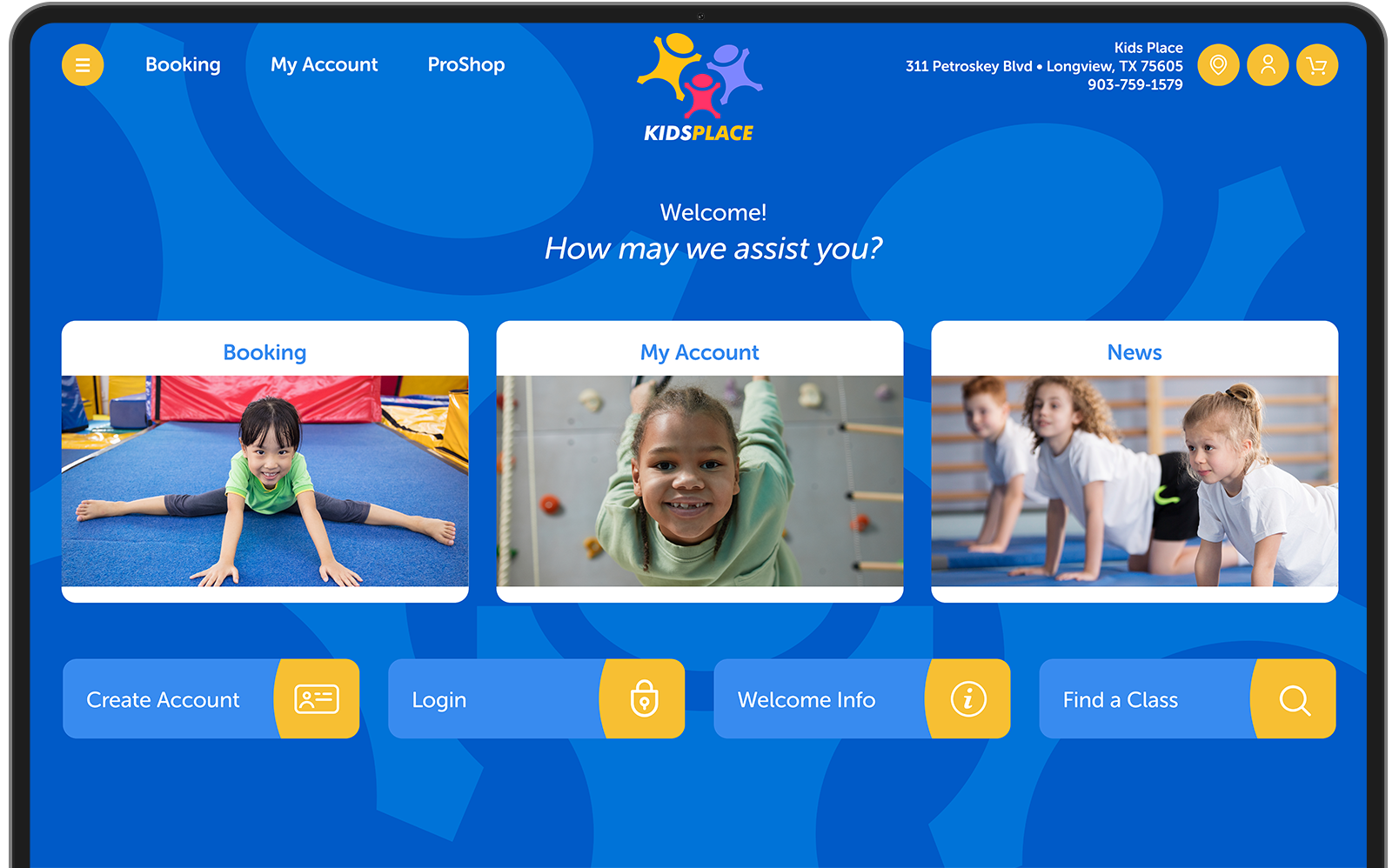 a tablet screen shows a kids place customer portal
