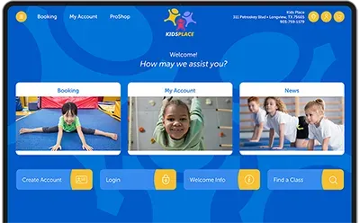 A tablet screen shows three pictures of children doing exercises.