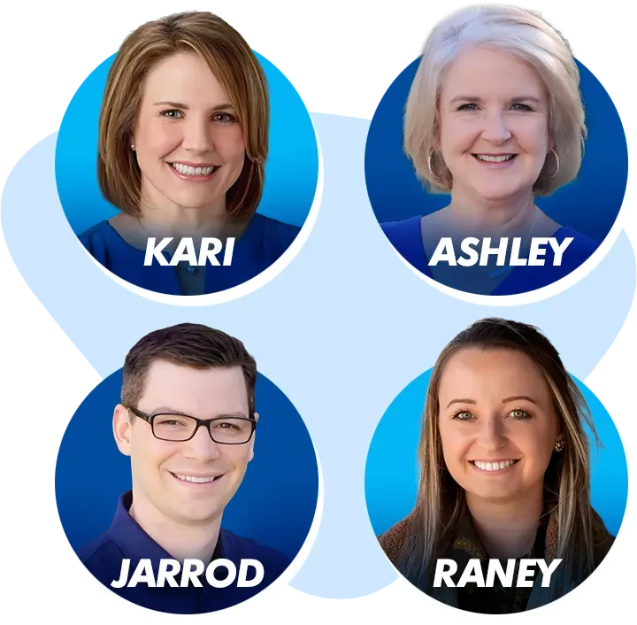 Four smiling headshots in blue circular frames on a light blue background
