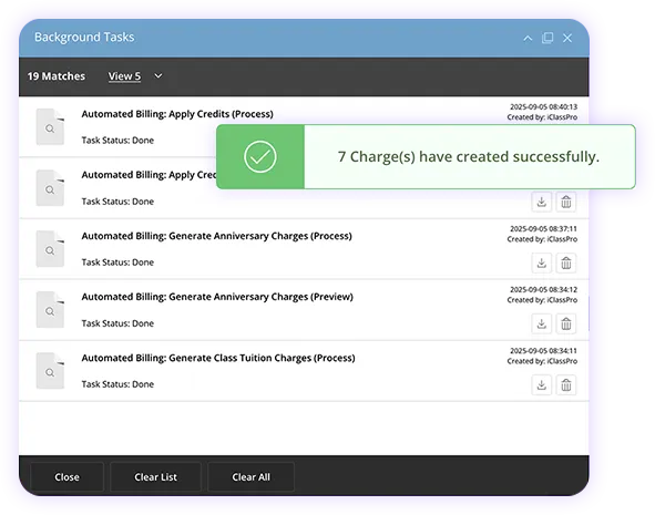 Screenshot of background tools showing successful automated billing process and task history.