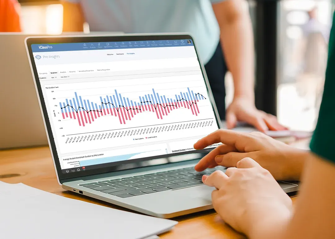 Woman using a laptop, viewing a spreadsheet and data charts on the screen.