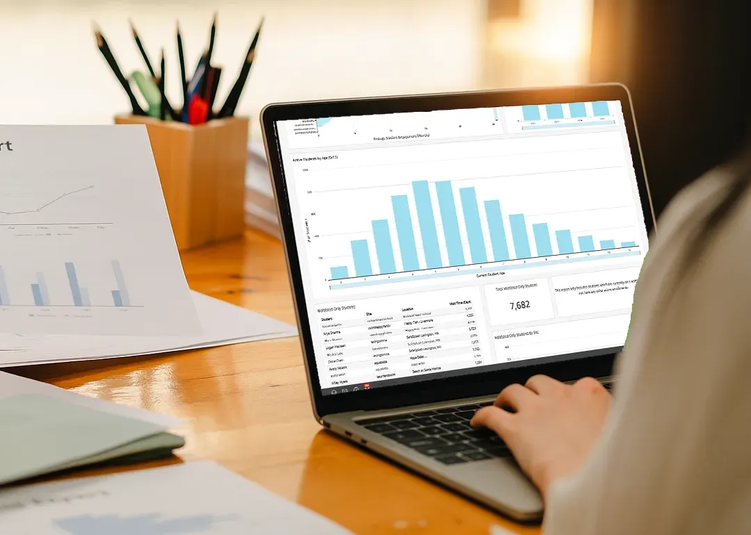 Woman using a laptop, viewing a spreadsheet and data charts on the screen.