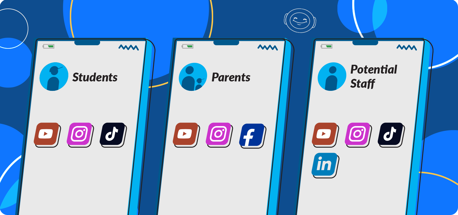 Three smartphones displaying social media icons