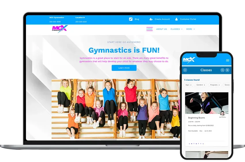 A laptop and a cell phone are displaying a website for a gymnastics club.
