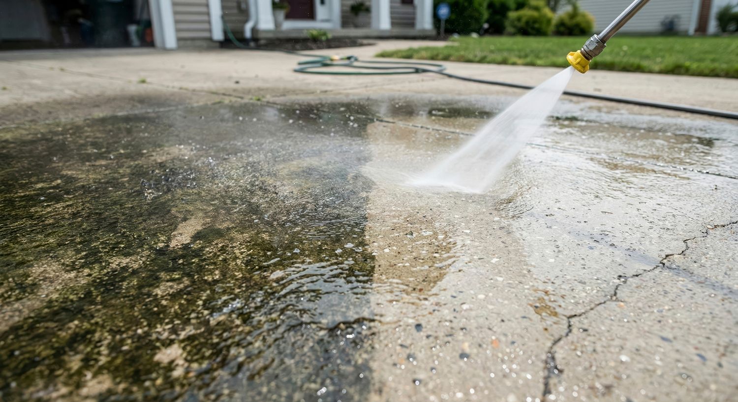 Pressure washer spraying water across a cracked concrete driveway outdoors