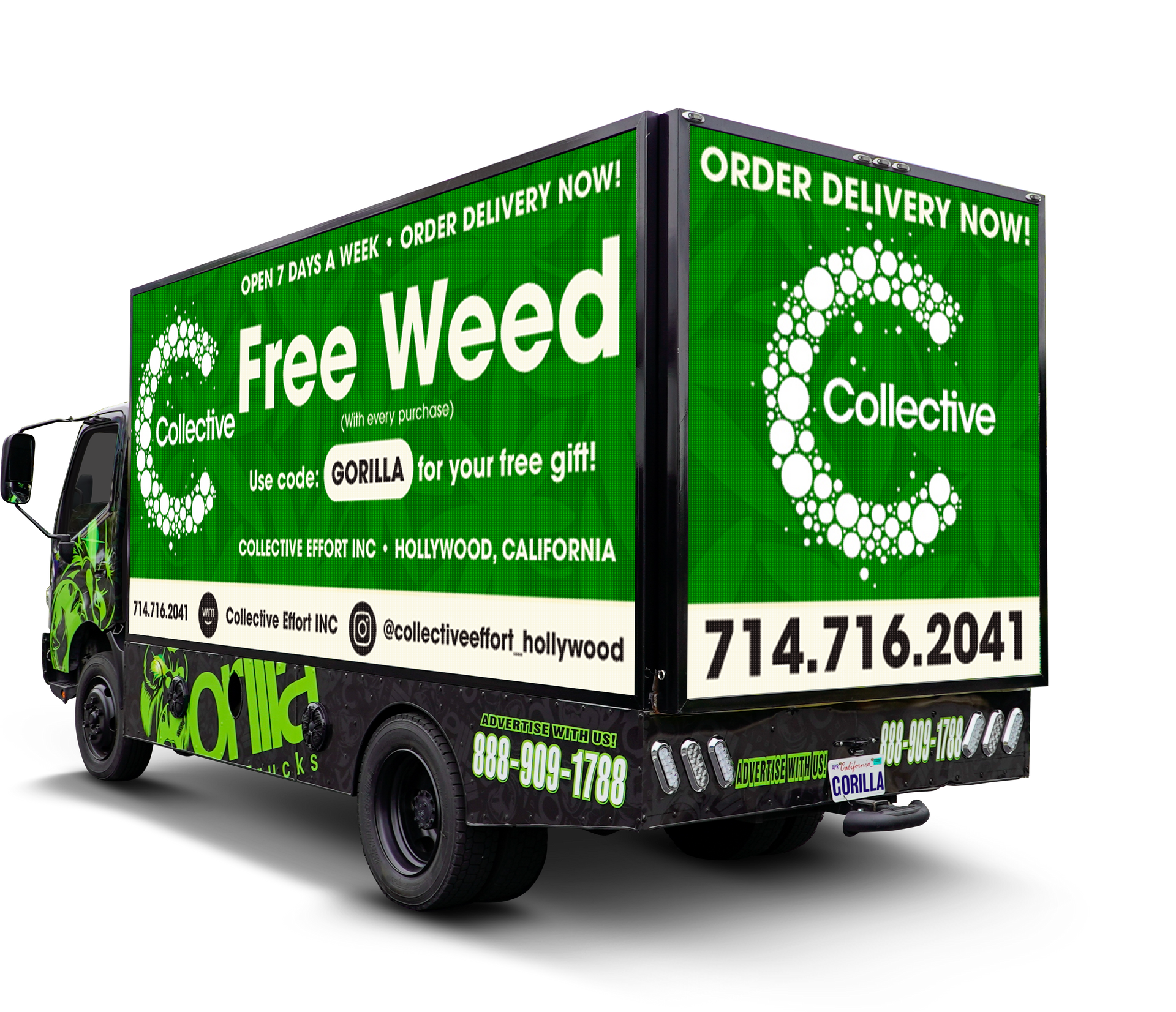 A green truck that says free weed on it
