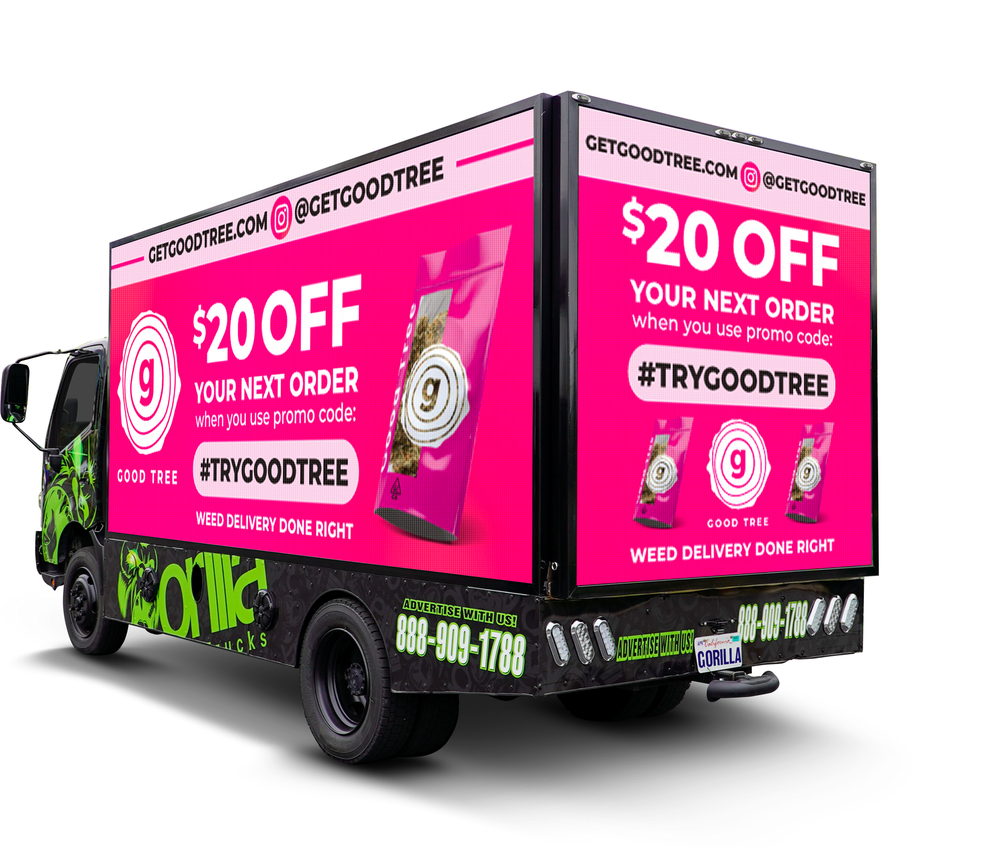 A pink truck with a sign on the back that says `` $ 20 off your next order ''.