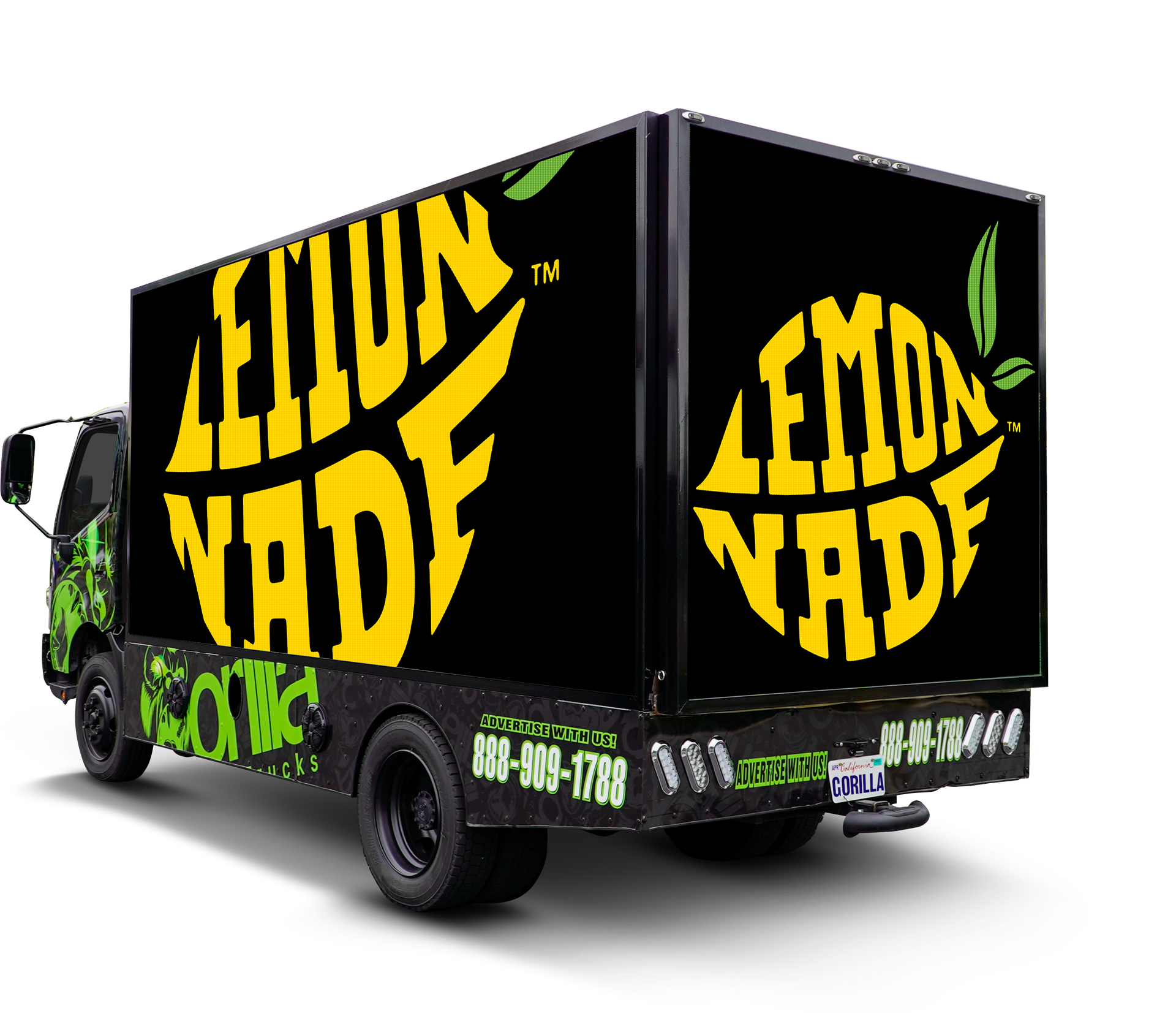 A black and yellow lemonade truck on a white background