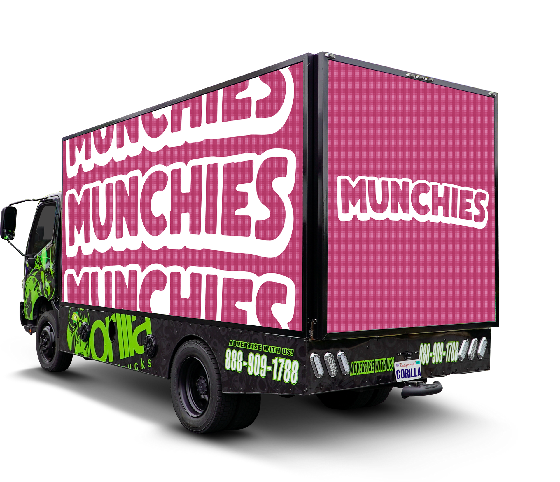 A pink and black truck that says munchies on it