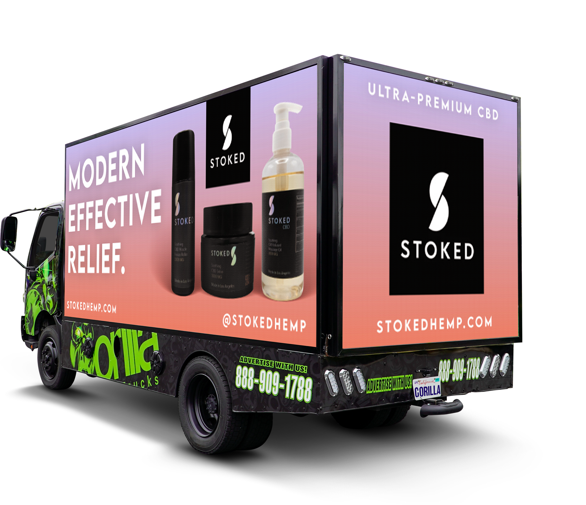 A truck with a modern effective relief advertisement on it