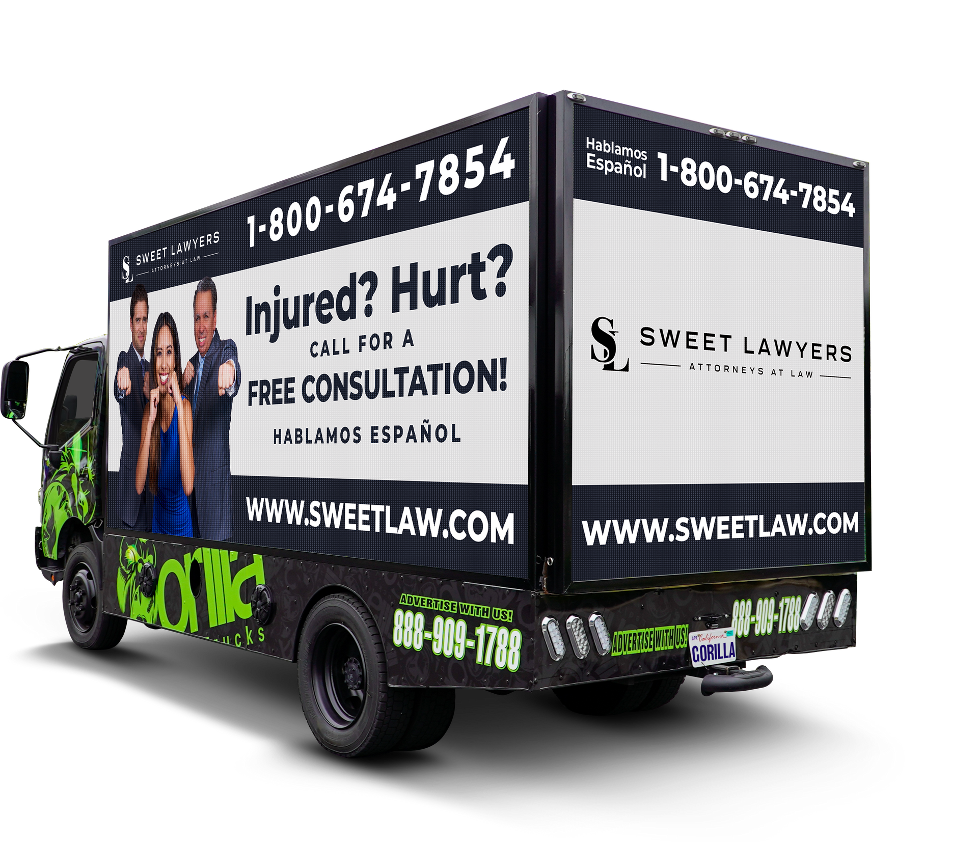 A truck that says injured hurt on it
