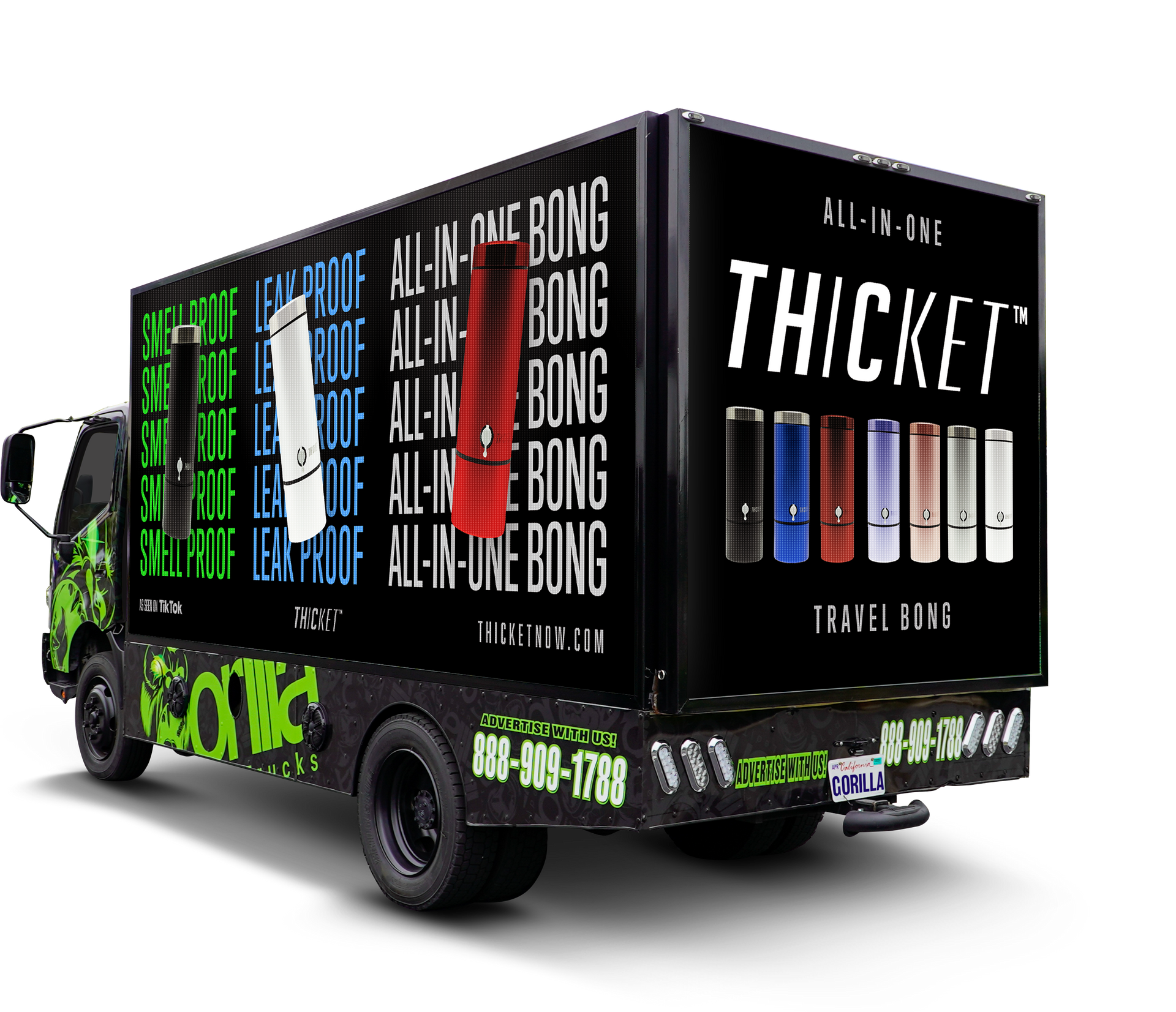 A truck with thicket written on the back of it