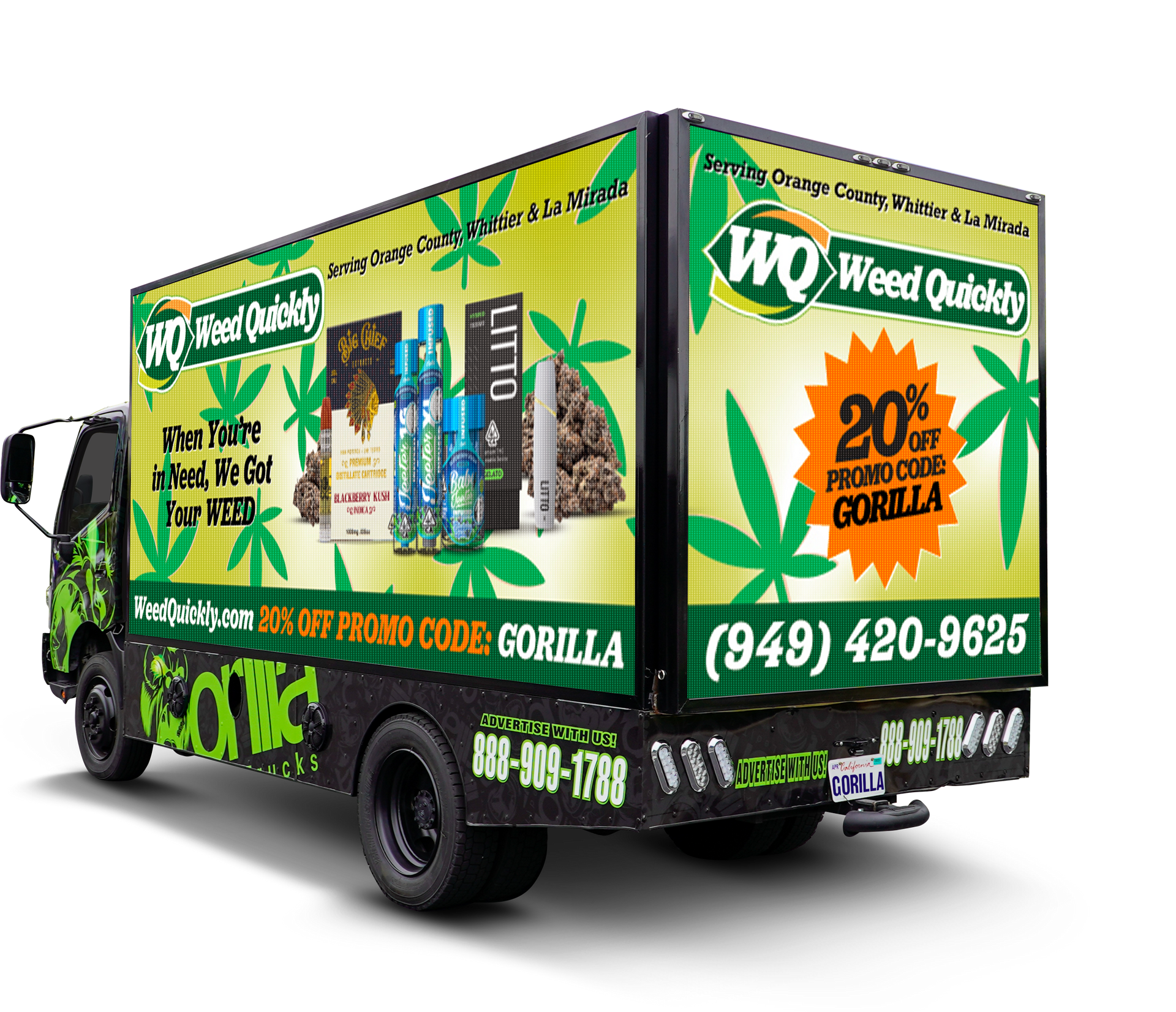 A truck with a weed advertisement on the back of it.