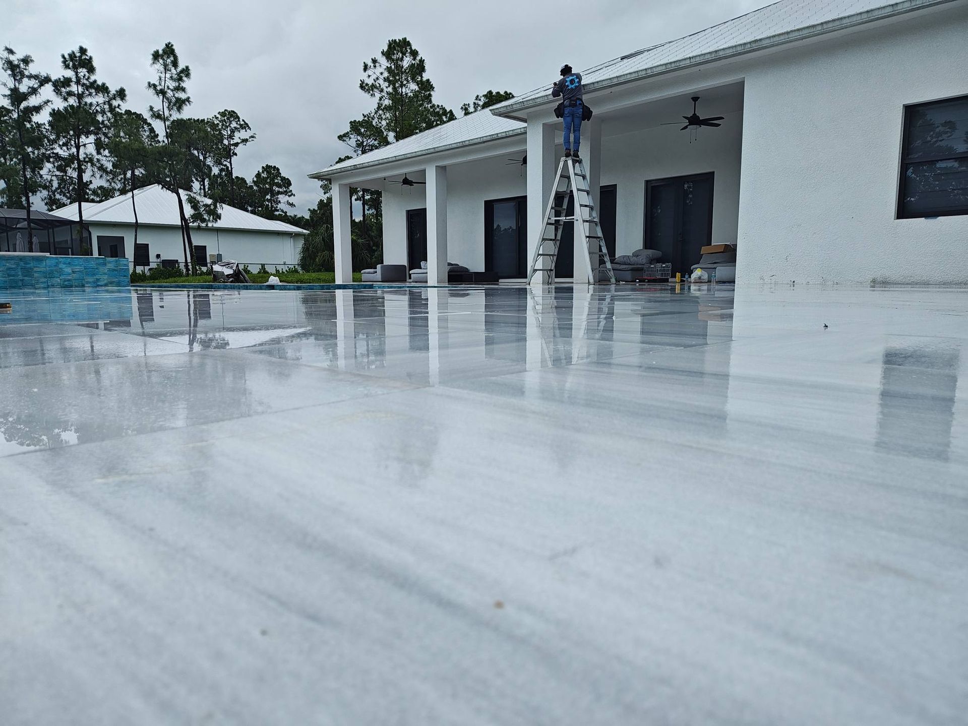 A man is standing on a ladder in front of a white house.