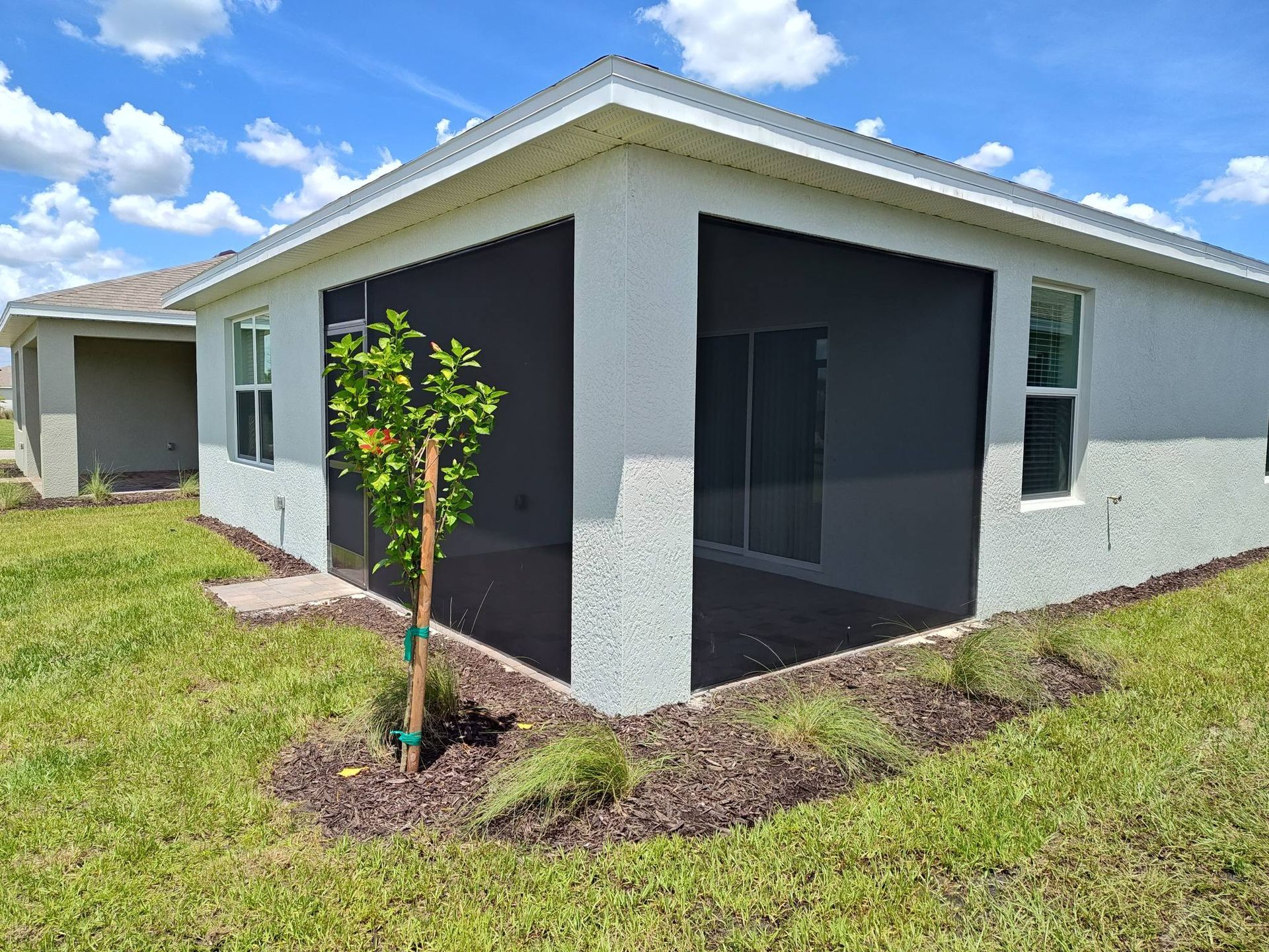 A white house with a screened in porch and a tree in front of it.