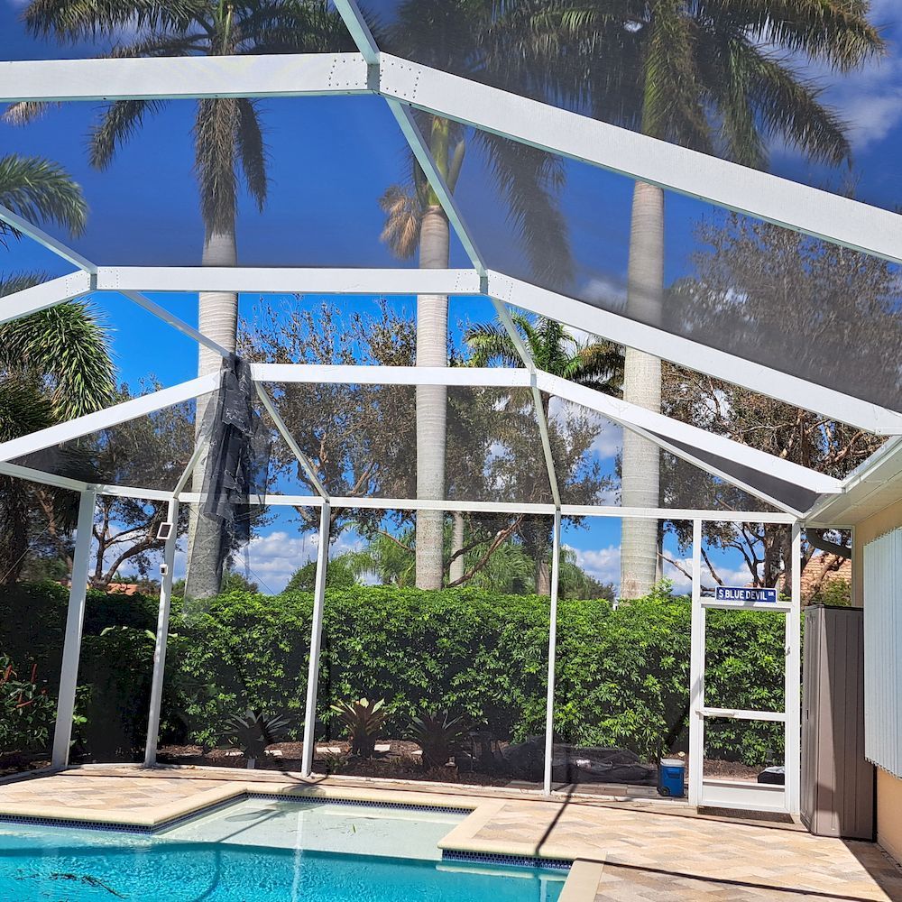 A screened in swimming pool with palm trees in the background