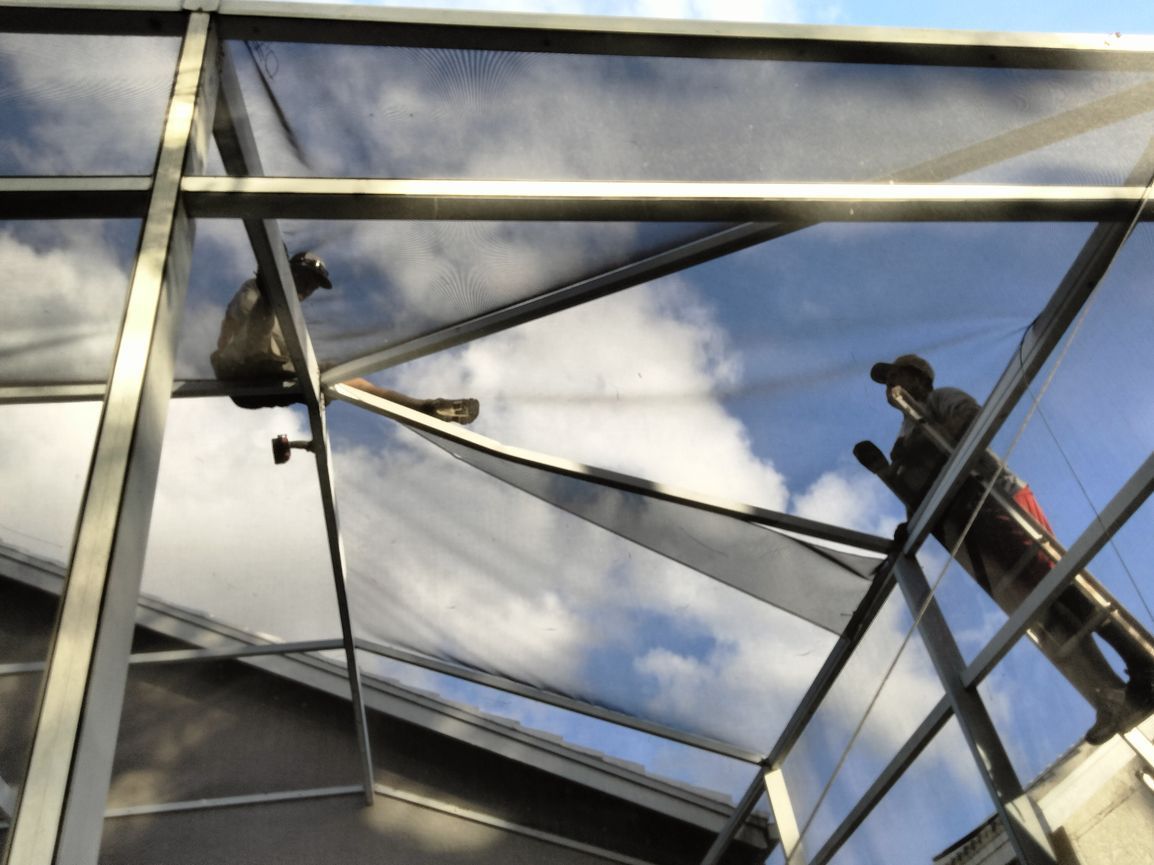A person standing under a clear roof with a blue sky in the background