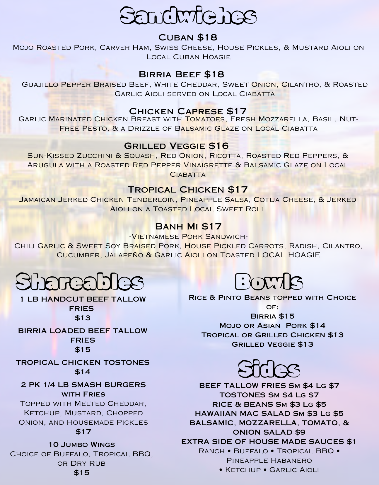 A menu of sandwiches, shareables and bowls