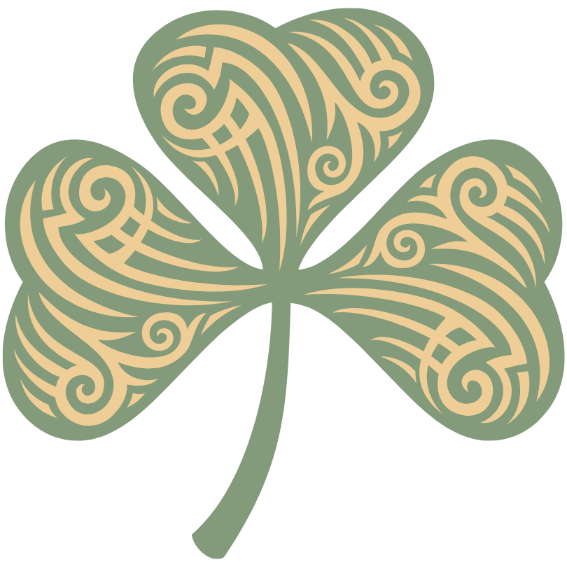 A green and gold shamrock with swirls on it
