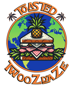 A logo for Toasted Twoozdaze with a pineapple on top of a sandwich