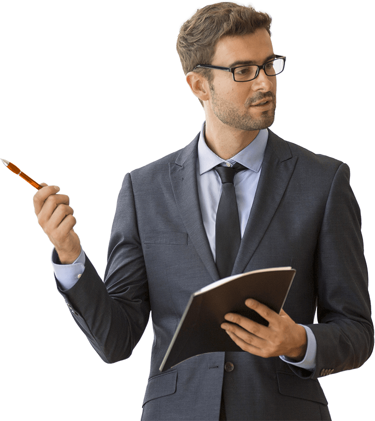 A man in a suit and tie is holding a pen and a clipboard