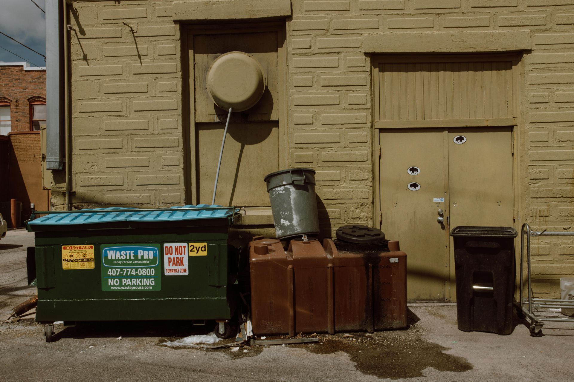 Alley with green dumpster, brown bins, and black trash can against a beige brick wall with doors.