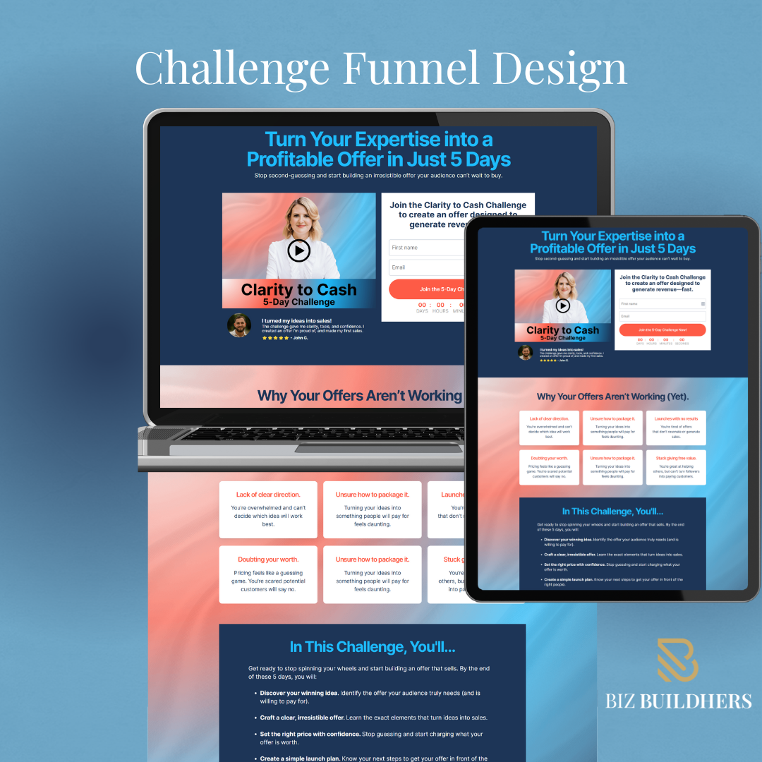 Challenge funnel mockup designed to showcase a high-converting sales funnel for online coaches and digital course creators