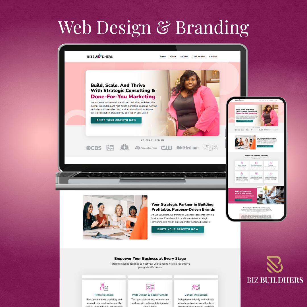 Homepage design mockup for Charleston-based consulting and marketing agency, Biz BuildHers.