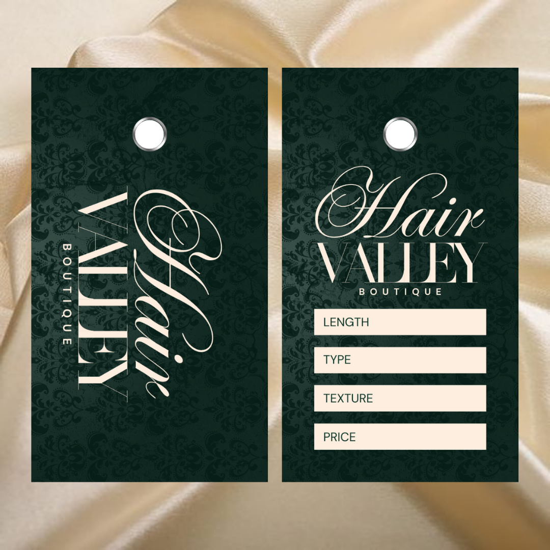 Branded hang tag mockup for Hair Valley Boutique’s glueless wigs