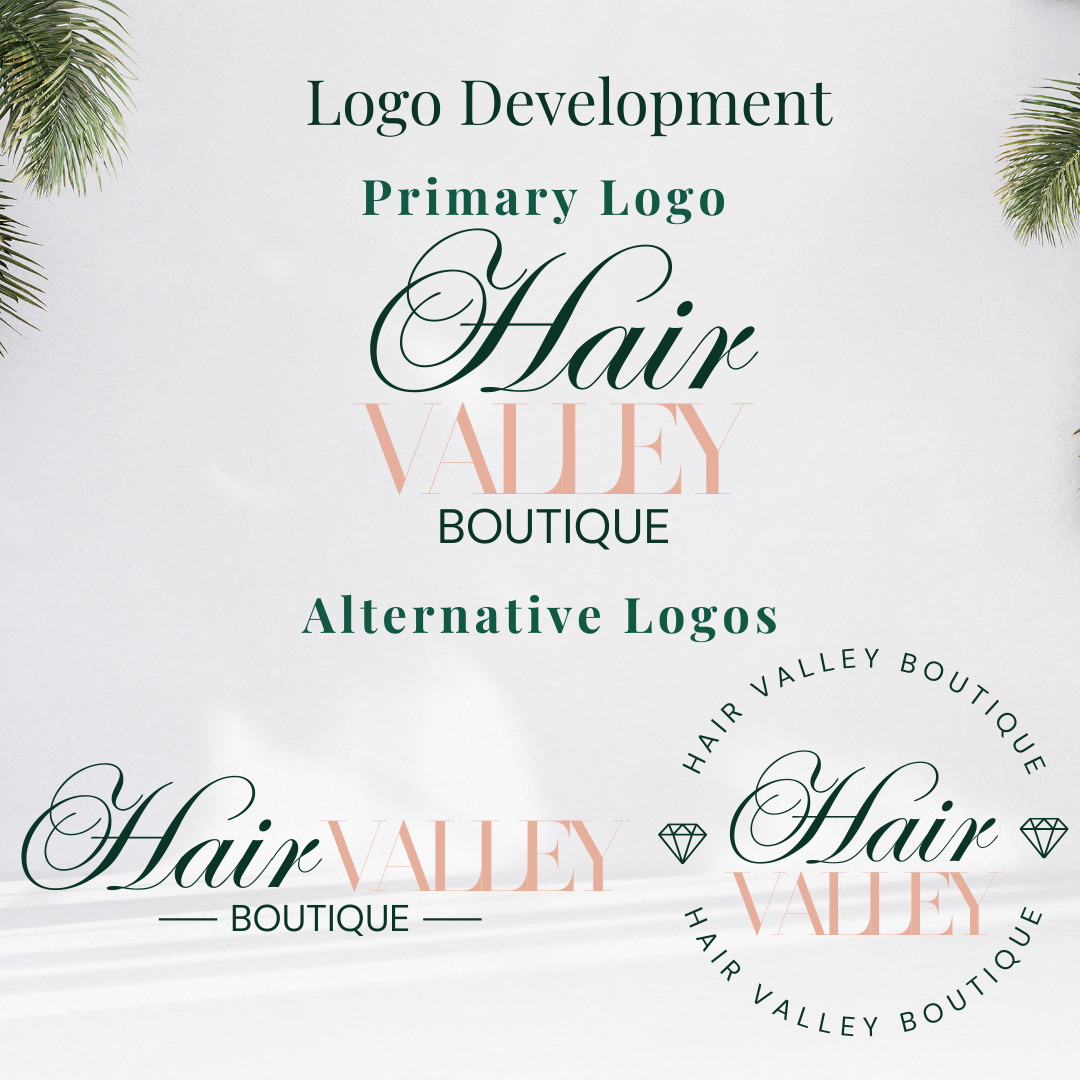 Logo design mockup for Hair Valley Boutique, a beauty brand specializing in custom glueless wigs and luxury hair products