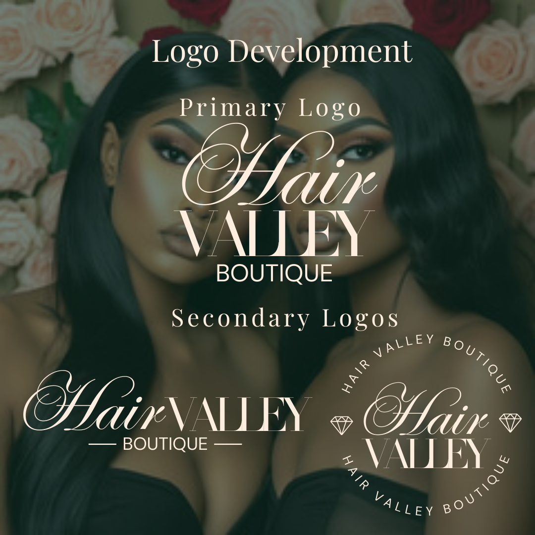 Logo design mockup for Hair Valley Boutique, a beauty brand specializing in custom glueless wigs and luxury hair products