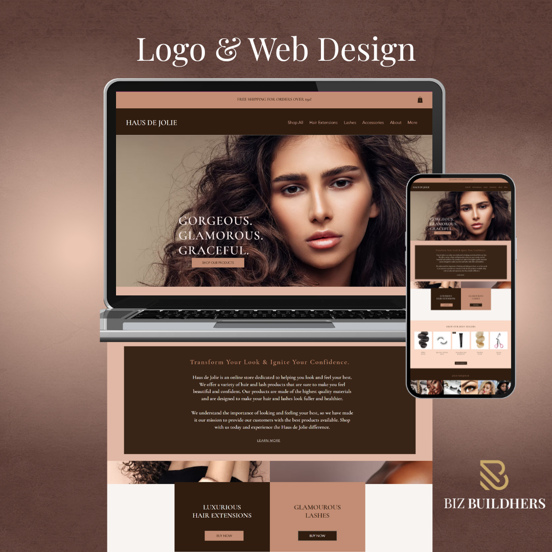 Website mockup for a beauty brand selling hair weaves, lashes, and accessories via e-commerce.