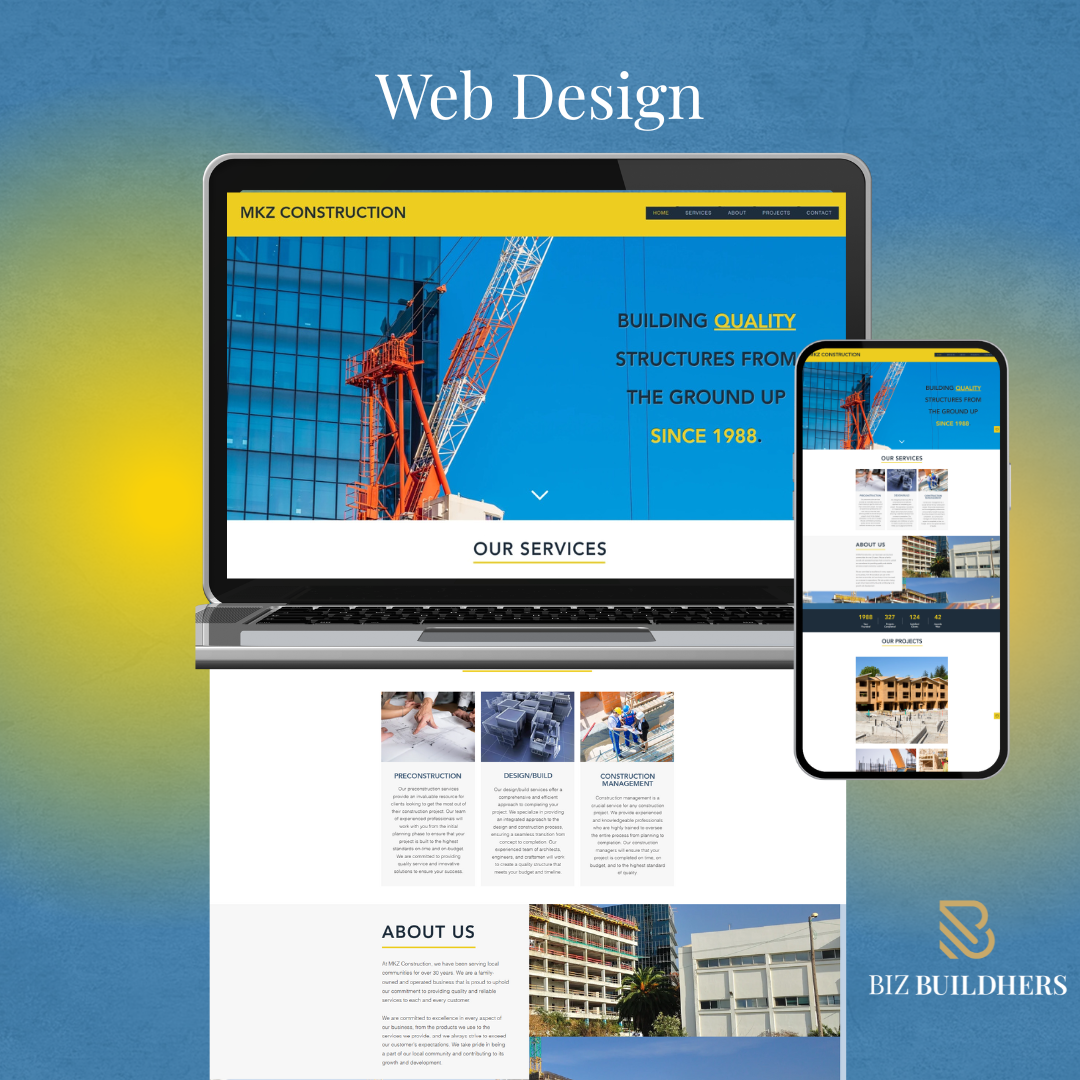 Website design mockup for a construction company, highlighting services, project portfolio, and lead generation features