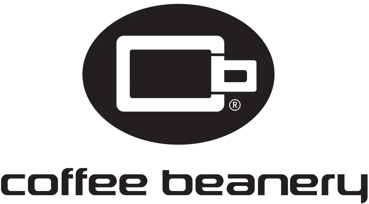 A black and white logo for coffee beanery on a white background.