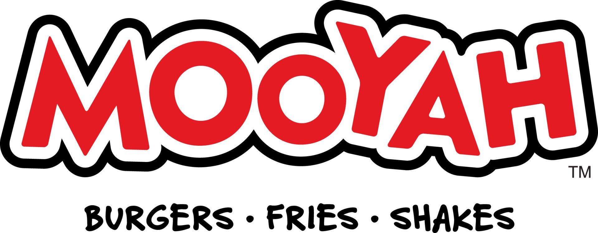 The mooyah logo is red and white and says burgers , fries , shakes.