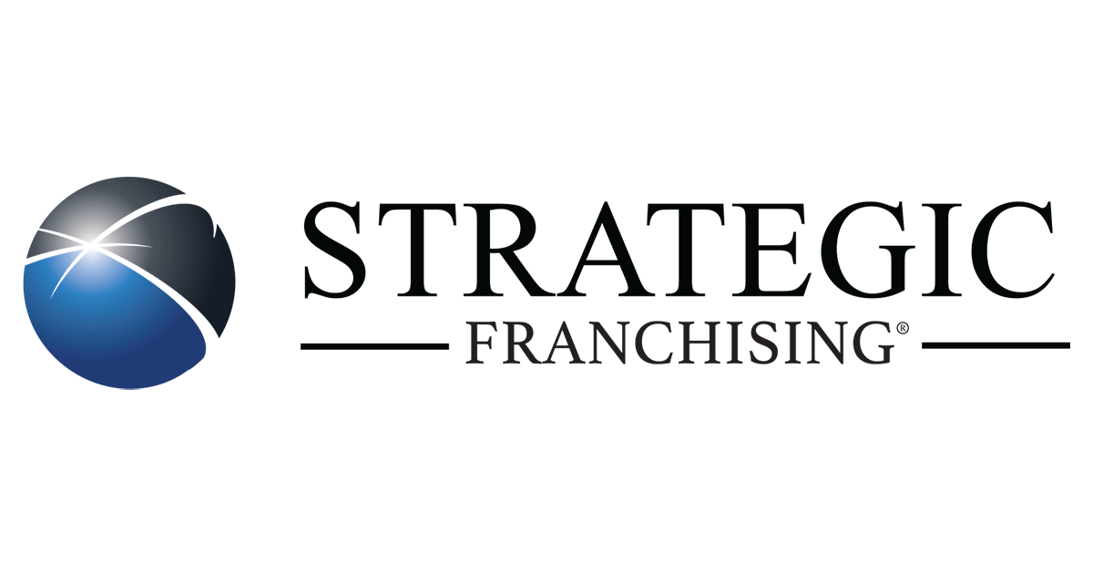 A logo for strategic franchising with a blue ball on a white background.