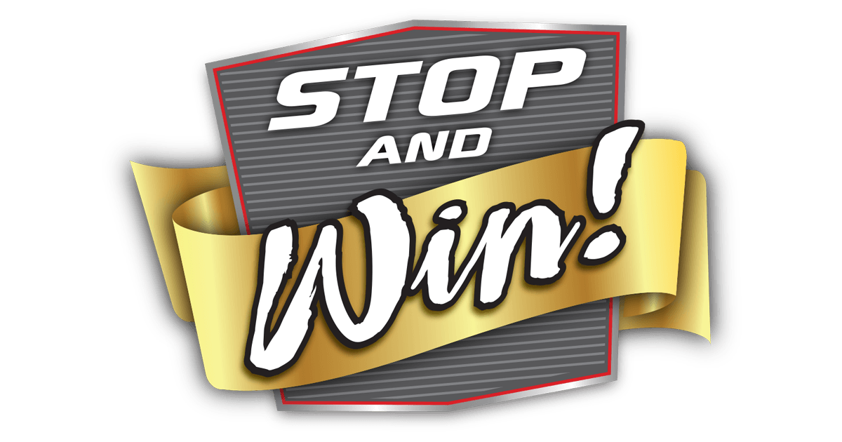 A stop and win logo with a gold ribbon