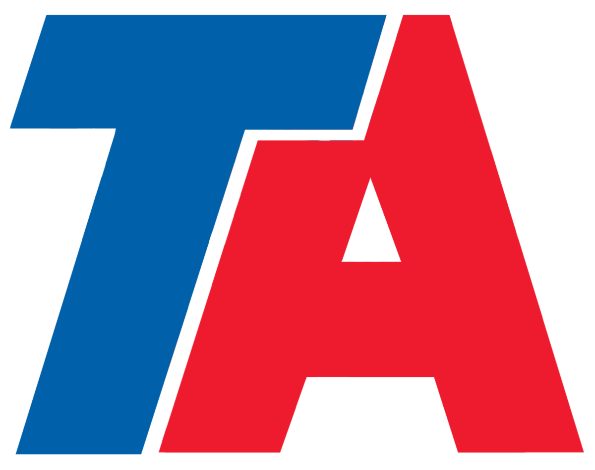 A blue and red ta logo on a white background