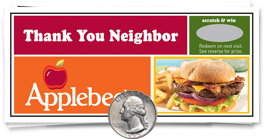 An applebee 's thank you neighbor sign with a quarter next to it