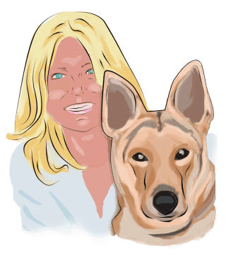 A woman with blonde hair is smiling next to a brown dog