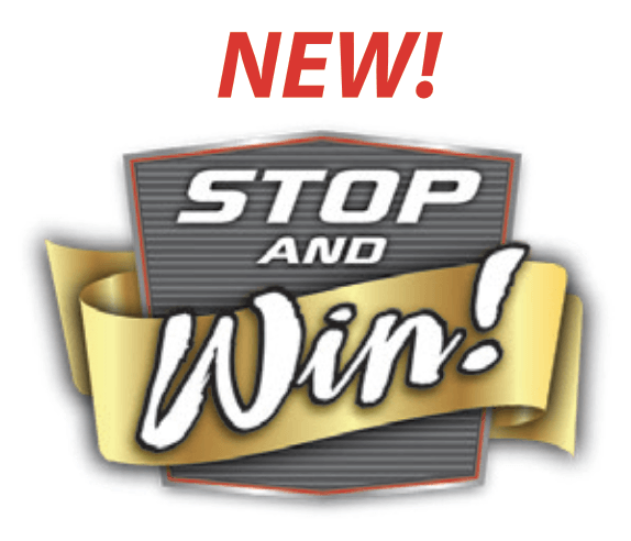 A sign that says new stop and win