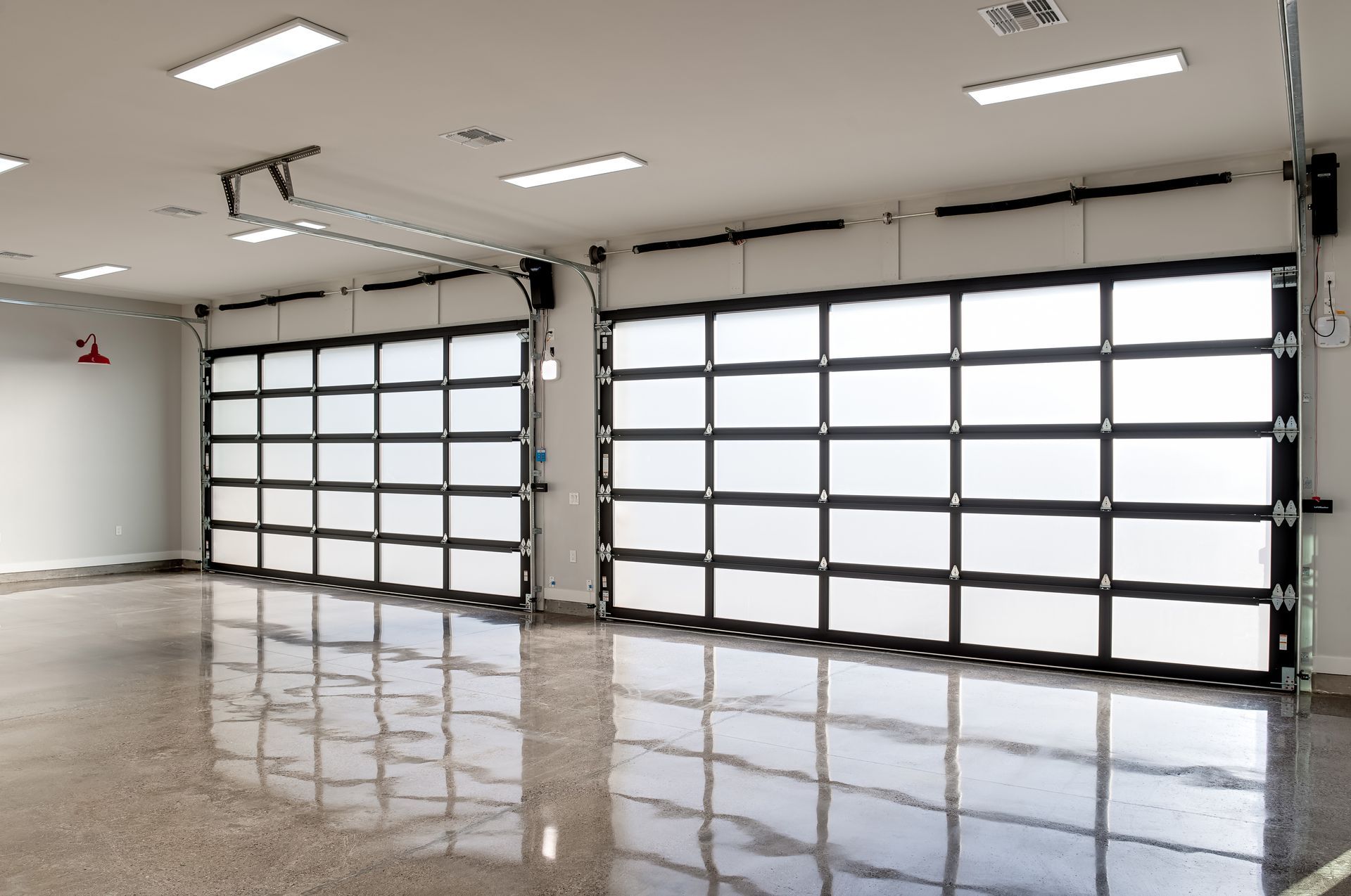 Three blue garage doors with the numbers 9 8 and 7 on them