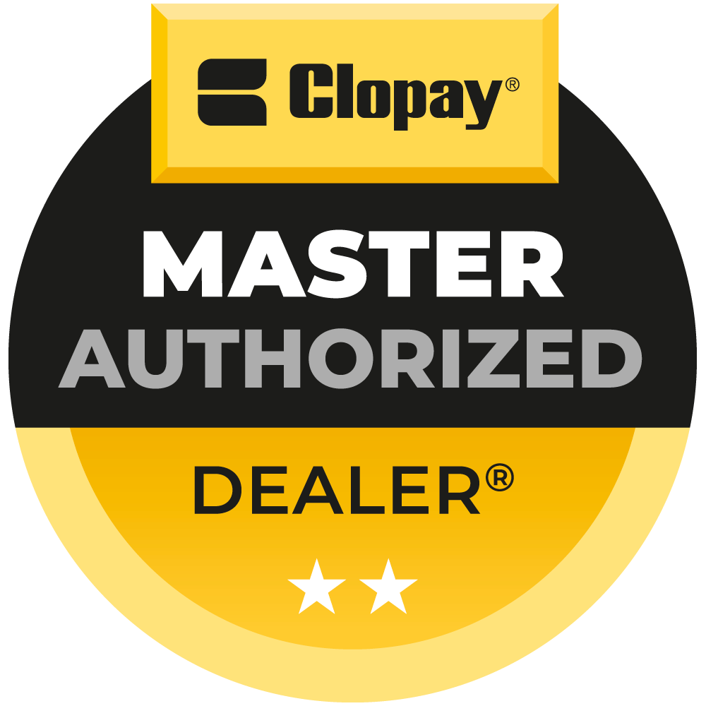 Clopay Master Authorized Dealer badge: black, yellow, and white circular seal. Two stars.