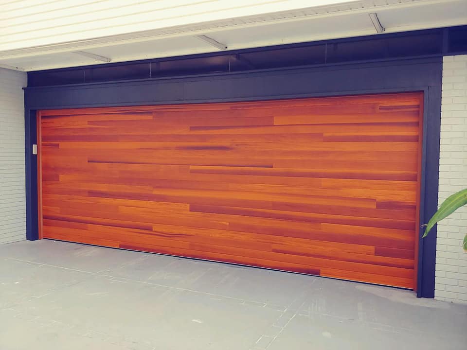 A wooden garage door.