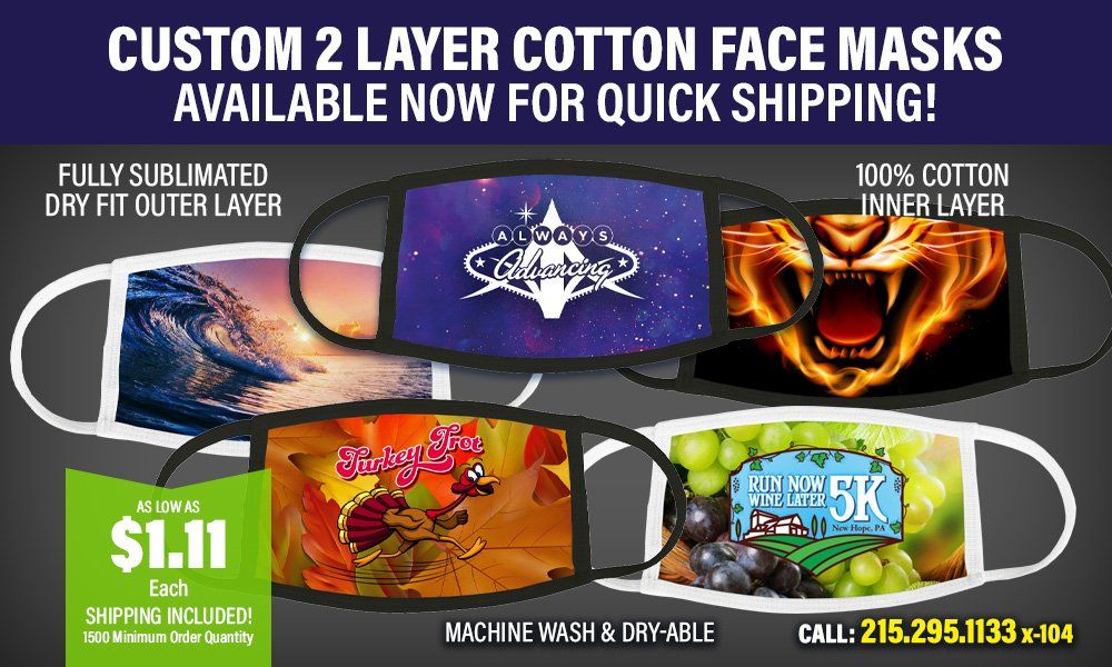 A poster for custom 2 layer cotton face masks available now for quick shipping