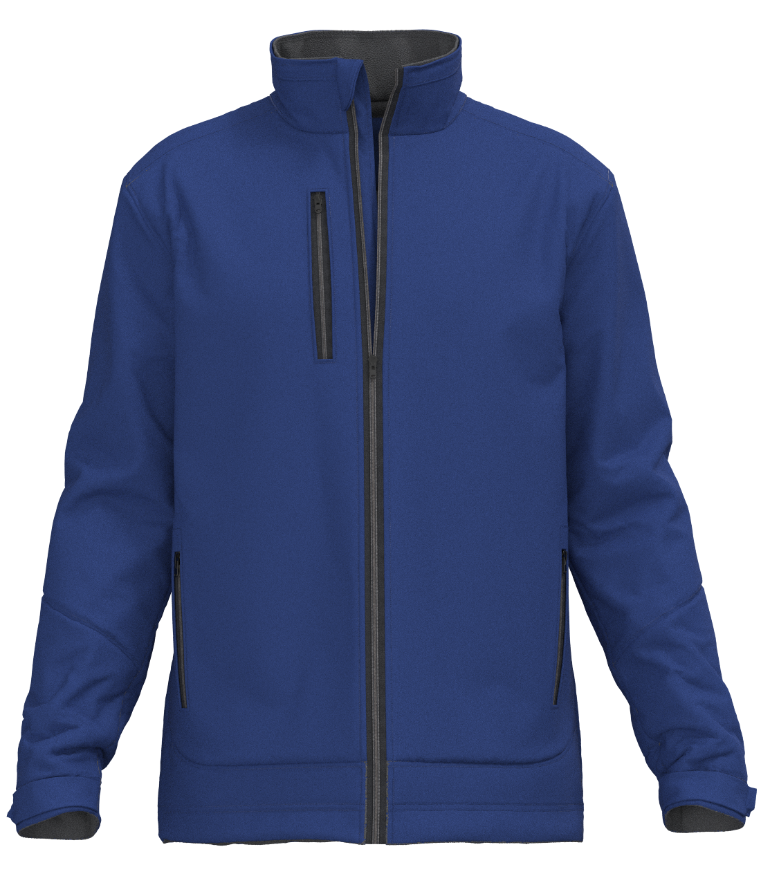 A blue jacket with a black zipper on the front